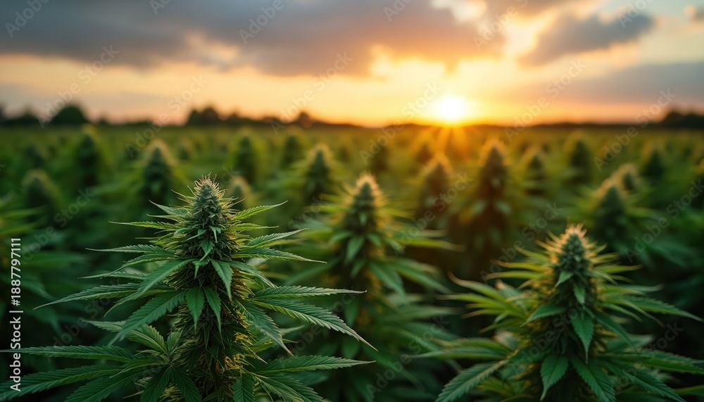 Fototapeta premium Rows of cannabis plants grow in a field under a warm sunset sky. The plants are mature, showing buds and leaves, ready for harvest. This rural scene shows the agricultural side of cannabis farming.