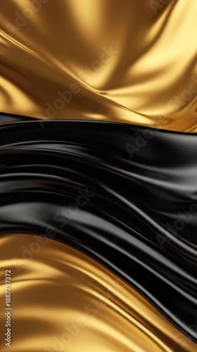 Abstract 3D background with waves of liquid gold and black silk  