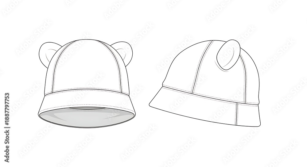Fototapeta premium Simple line drawings of two beanies with distinct designs on a plain background from a straightforward front and angled perspective