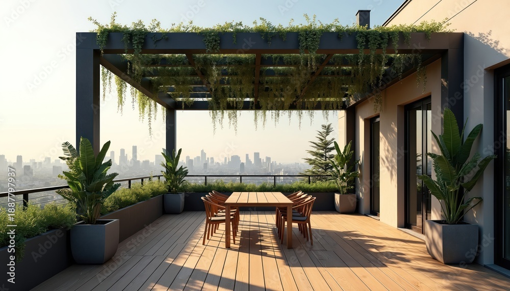 Fototapeta premium Minimalist rooftop terrace with wooden deck and pergola, urban city skyline background. Outdoor dining table and chairs, potted plants, modern architecture. Sunny day.