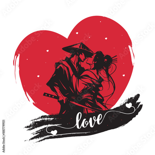 Samurai silhouette  Valentine's Day. Handwritten calligraphic with red hearts.