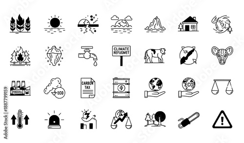 Climate Change Impact Line Icons Collection Editable Stroke Vector Illustration for Environmental Awareness