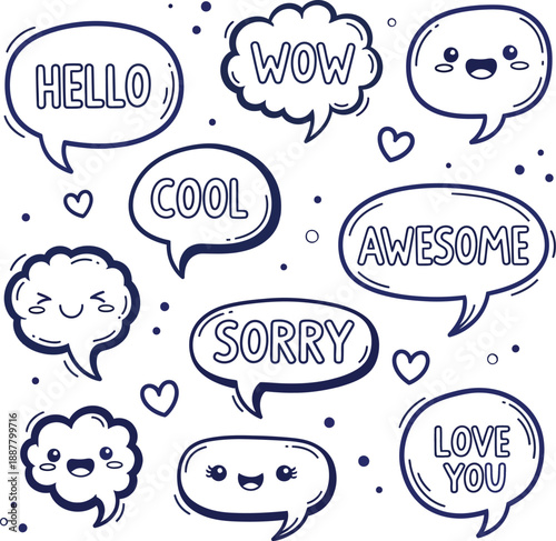 Illustration of cute speech bubbles with various friendly expressions