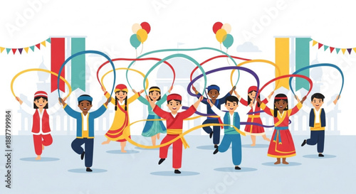 Diverse people in traditional attire play hula hoops at a colorful