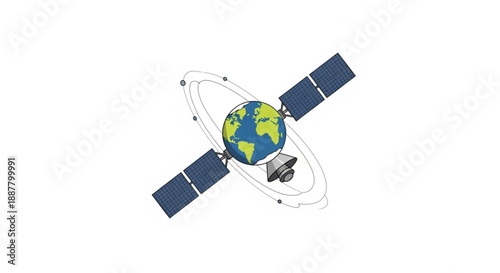 Satellite orbits earth with solar panels in space