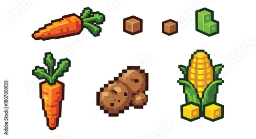 Collection of Retro Pixel Art Farm Vegetables and Items Vector Illustration Isolated
