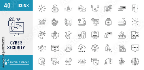 Cyber security icon set. Data protection and Secured network icon collection. Outline Icon Collection. Vector illustration with editable strokes