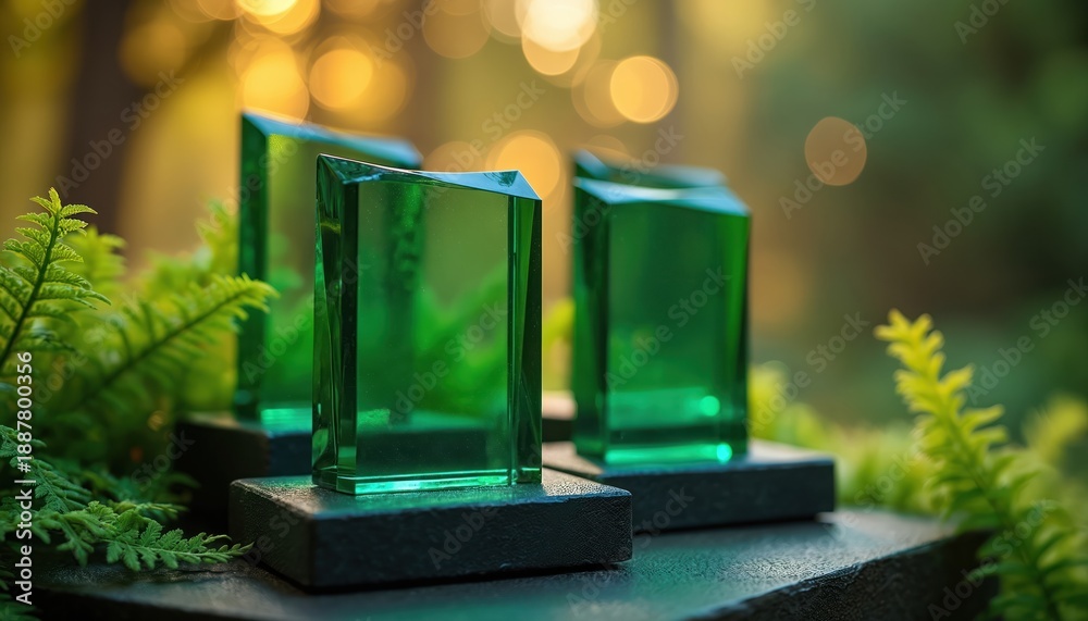 Obraz premium Three green glass awards sit on dark bases amidst rich ferns. Soft bokeh lights in background. Represents eco friendly success and achievement.