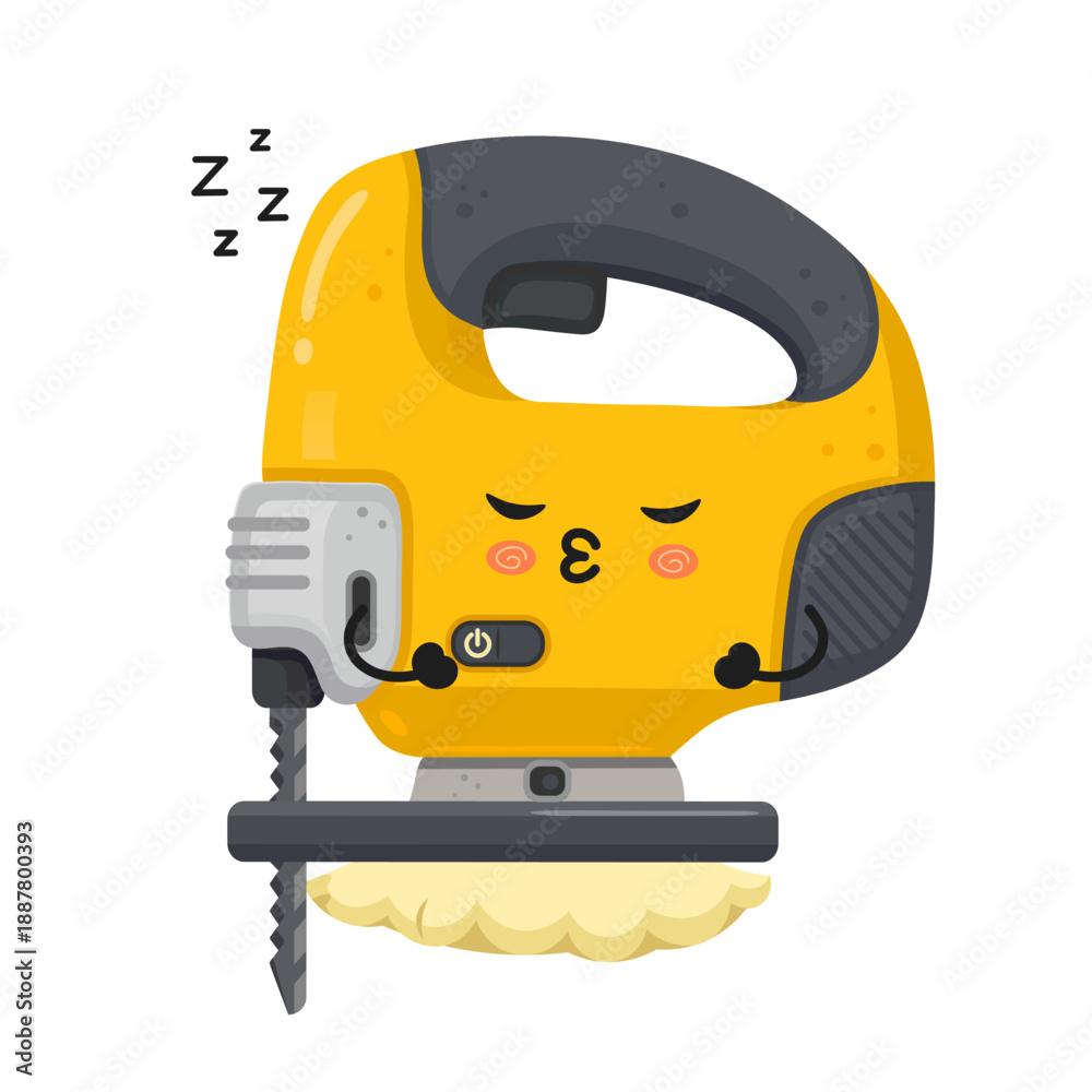 Naklejka premium Cute cartoon jigsaw tool sleeping on sawdust