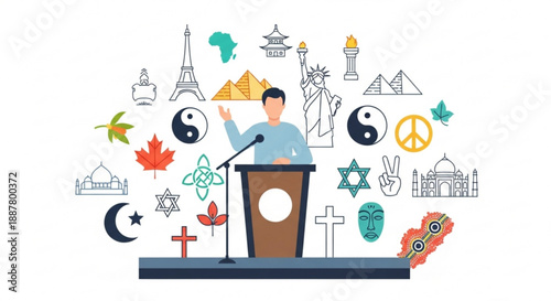 Man speaks at podium with global symbols and landmarks