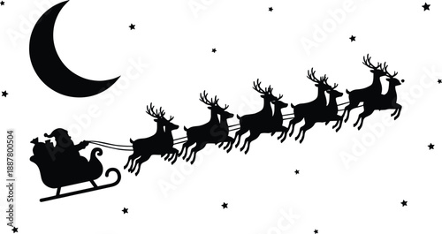 Santa Claus sleigh silhouette illustration flying reindeer across crescent moon and starry night sky, Christmas festive holiday icon vector design