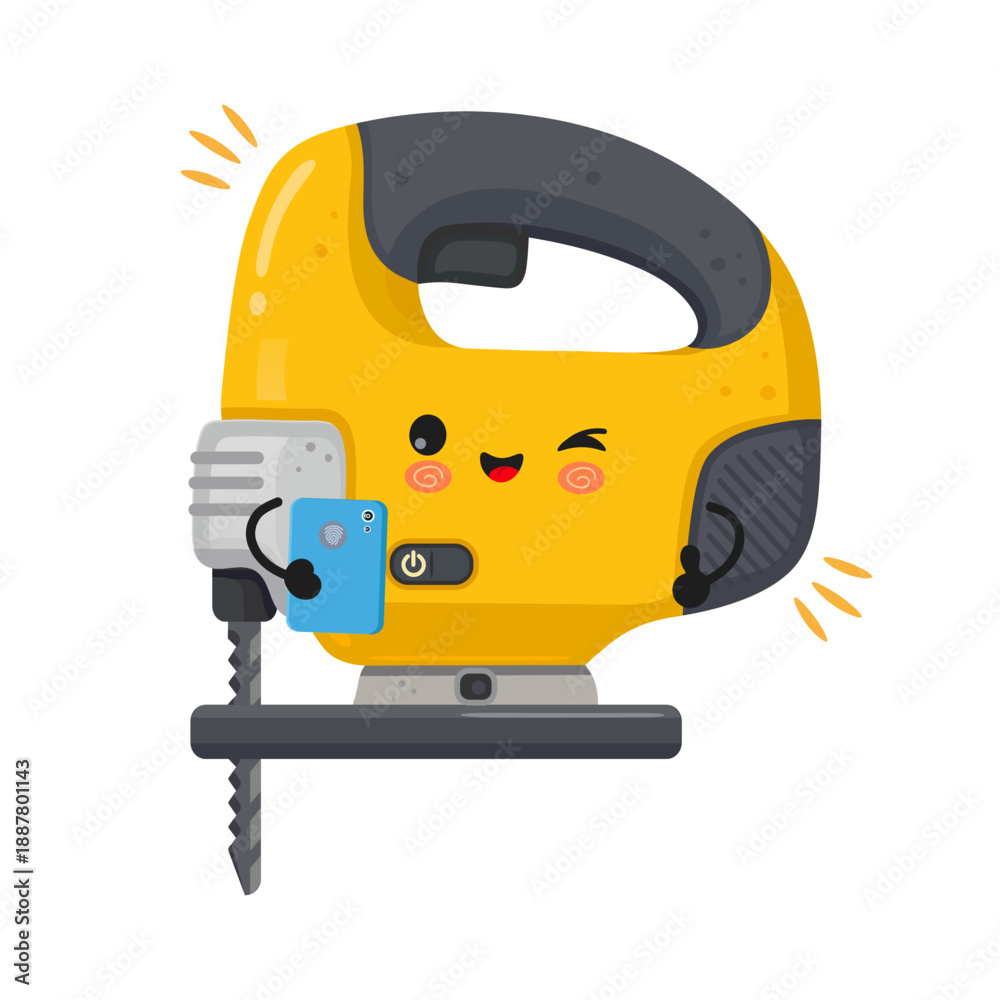 Fototapeta premium Jigsaw power tool cartoon taking a selfie