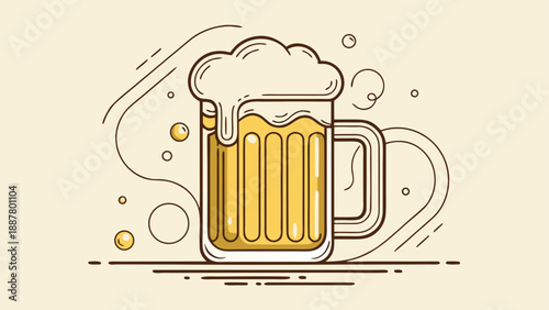Very beautiful continuous single line illustration of a beer mug with foam and bubbles, minimalist style with smooth flow, perfect for bar menus, brewery branding, posters, and modern beverage graphic
