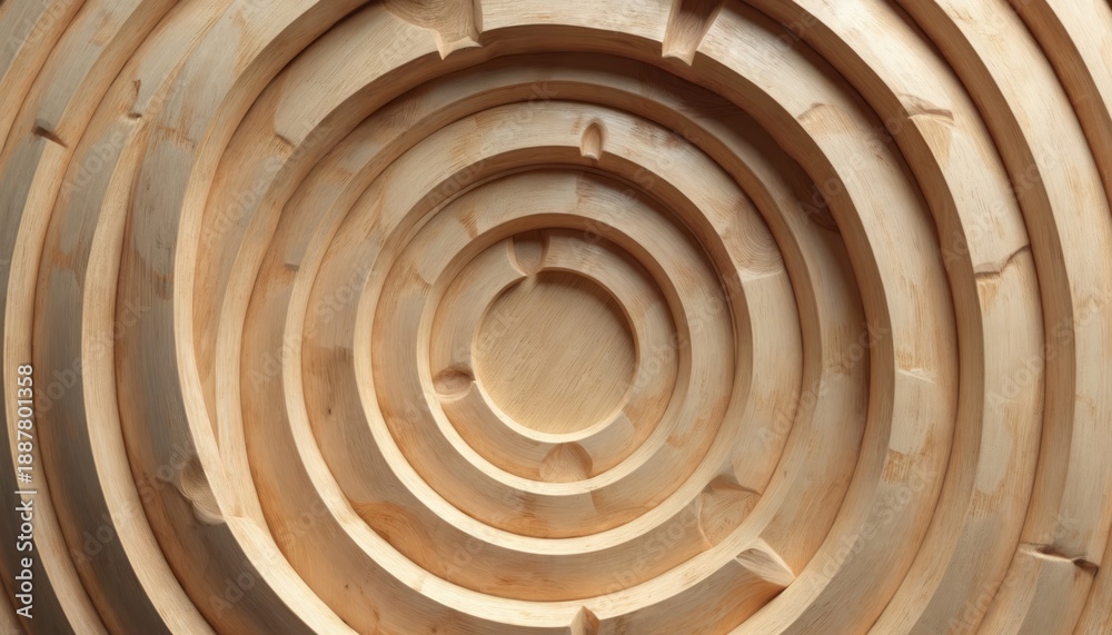 Obraz premium Natural wood material crafted into concentric circles creating a maze like pattern with light and shadow play. Organic texture, timber surface, geometric design.