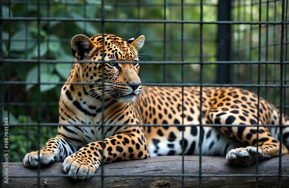 Fototapeta premium Leopard rests on log inside zoo enclosure. Big cat with spotted fur looks out from behind metal bars. Wild animal waits patiently in its habitat.