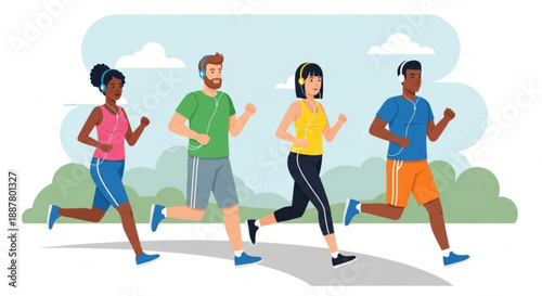 Diverse group of people jogging together outdoors in casual
