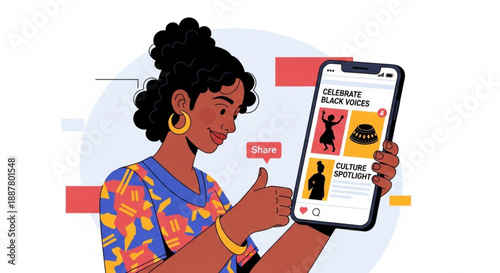 Woman shares cultural content on smartphone with colorful background