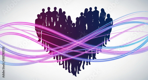 Diverse group of people form a heart shape with colorful lines