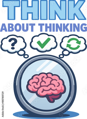Metacognition concept with brain reflecting on questions, solutions, and thinking processes