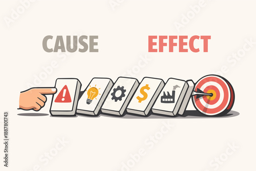 Cause and effect domino chain demonstrating business strategy and problem solving