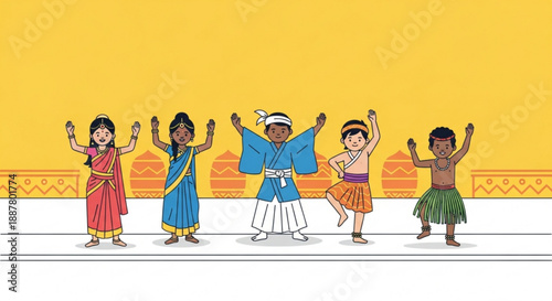 Diverse people dancing together in traditional clothing on stage