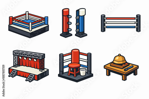 Boxing accessories set with ring corner, stage, training equipment, and bell