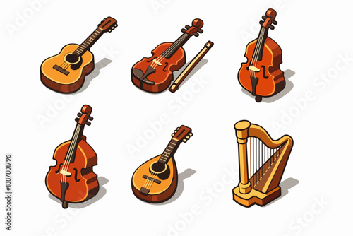 String instruments for music and orchestra. Isometric violins, cellos, guitar, harp, mandolin