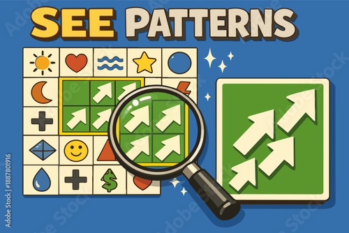 Person observing patterns with magnifying glass, finding logic in visual game