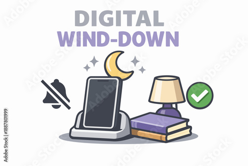 Nightstand scene with smartphone docked, books, lamp, moon, and an alert disabled