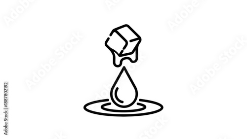 Ice cube melting into water drop.