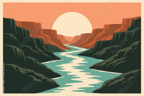 Grand canyon national park at sunset with colorado river through cliffs