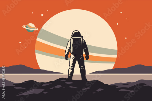 Astronaut standing on alien planet looking at giant orb and ringed gas planet
