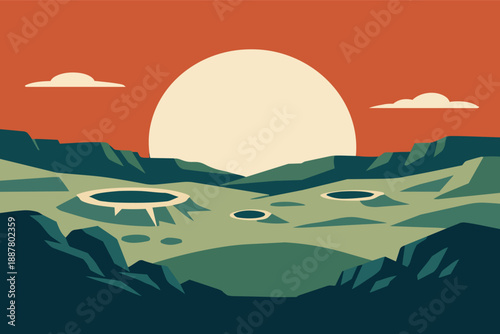 Alien planet landscape with craters and giant sun setting on horizon