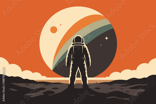 Astronaut standing on planetary surface looking at planet and stars
