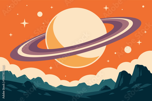 Saturn-like planet with rings hovering above an alien landscape