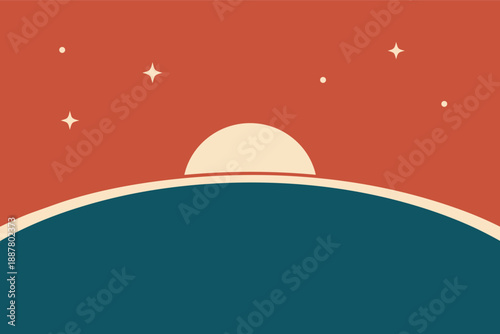 Minimalist sunrise or sunset over planetary horizon with stars retro style