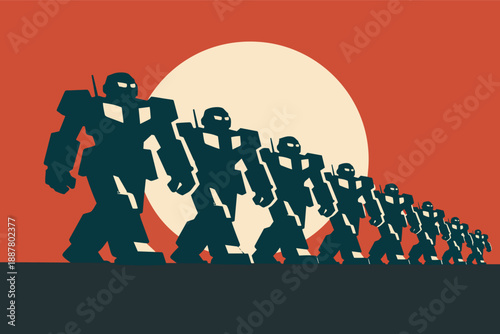 Robot army marching in retro propaganda style, sci-fi military invasion concept