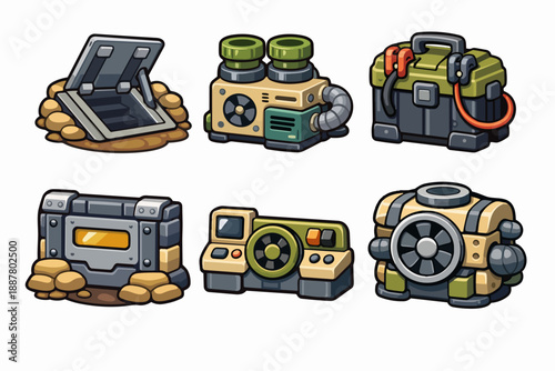 Military game assets featuring bunker entrance, generators, and tactical equipment