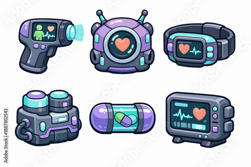Set of cartoon-style sci-fi health tech icons for tele-medicine and digital healthcare