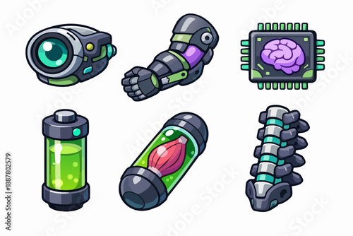 Cybernetic bionic body icons representing futuristic technology and biotechnology concepts