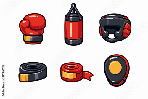 Collection of cartoon style boxing and mixed martial arts training and fighting gear