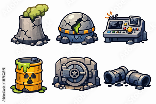 Post-apocalyptic game assets showing ruined industrial structures and toxic waste