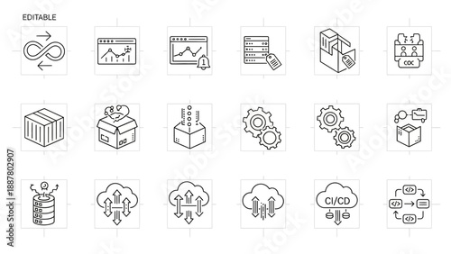  DevOps and infrastructure icons, editable line set, showing infinity DevOps loop, monitoring dashboard, container box, automation gear, cloud with arrows