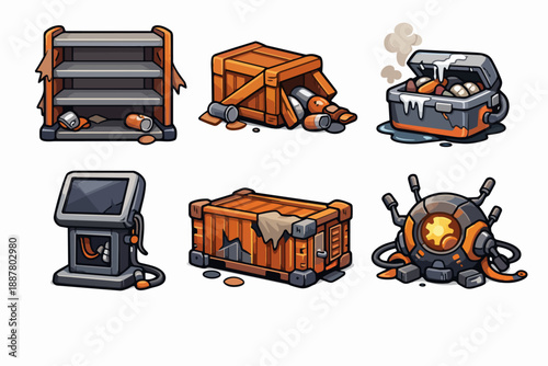 Post-apocalyptic game assets representing abandoned rusty sci-fi junk