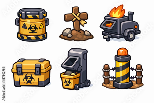 Set of cartoon survival game icons for a post-apocalyptic or zombie scenario