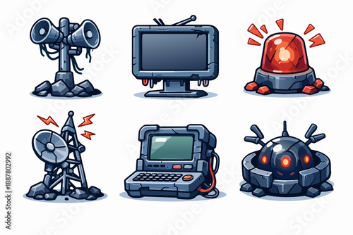 Post-apocalyptic technology communicating, alerting, controlling, and surviving icons