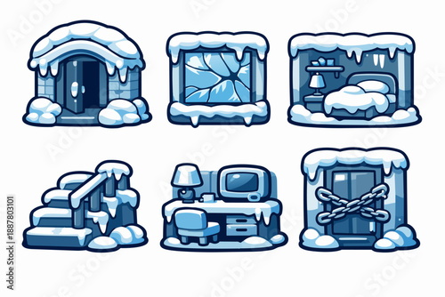 Winter game assets set featuring frozen rooms and iced building elements