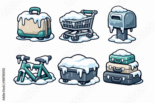 Everyday objects icons covered in snow, showing winter weather and cold elements