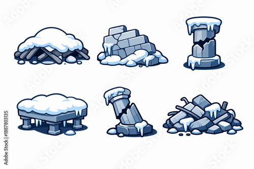 Cartoon winter ruins game assets set presenting broken stone columns and icy debris