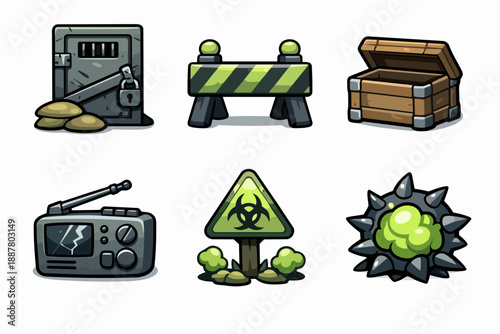 Post-apocalyptic game assets: barrier, chest, radio, toxic, and biohazard icons